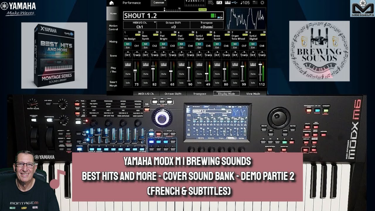 Yamaha MODX M6 synthesizer, sound library box, software interface, and Brewing Sounds logo.